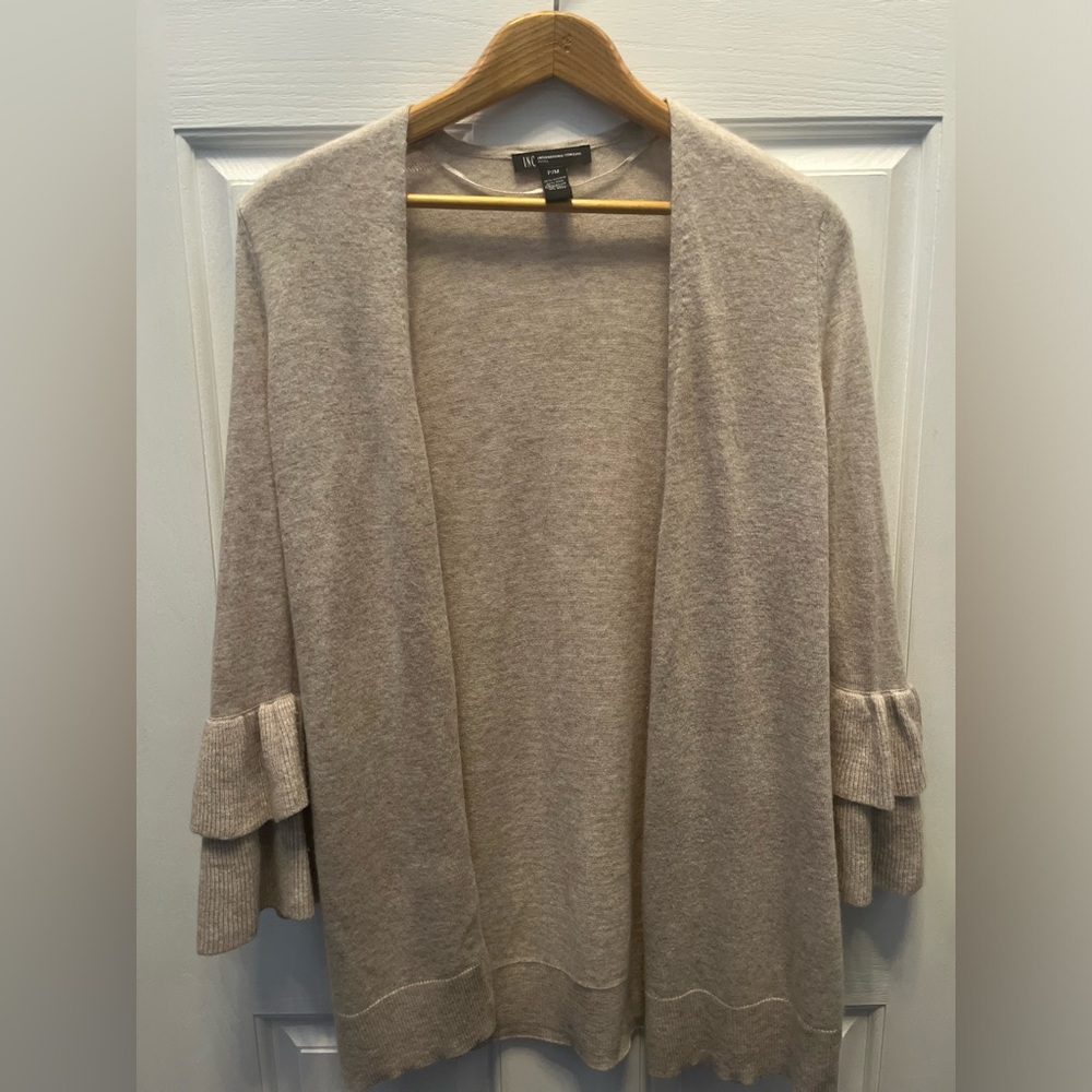 INC International Concepts Light Beige Ruffle Sleeve Open Cardigan